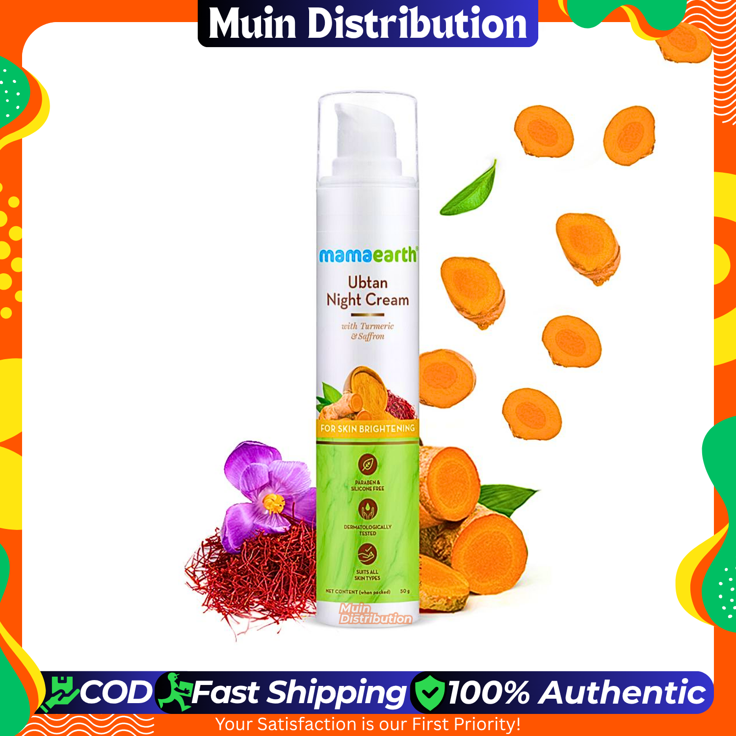 Picture of Mamaearth Ubtan Night Cream with Saffron & Turmeric | Revives Dull, Damaged Skin & Restores Natural Glow | Overnight Restorative & Non-Greasy Formula | 1.76 Oz/50g