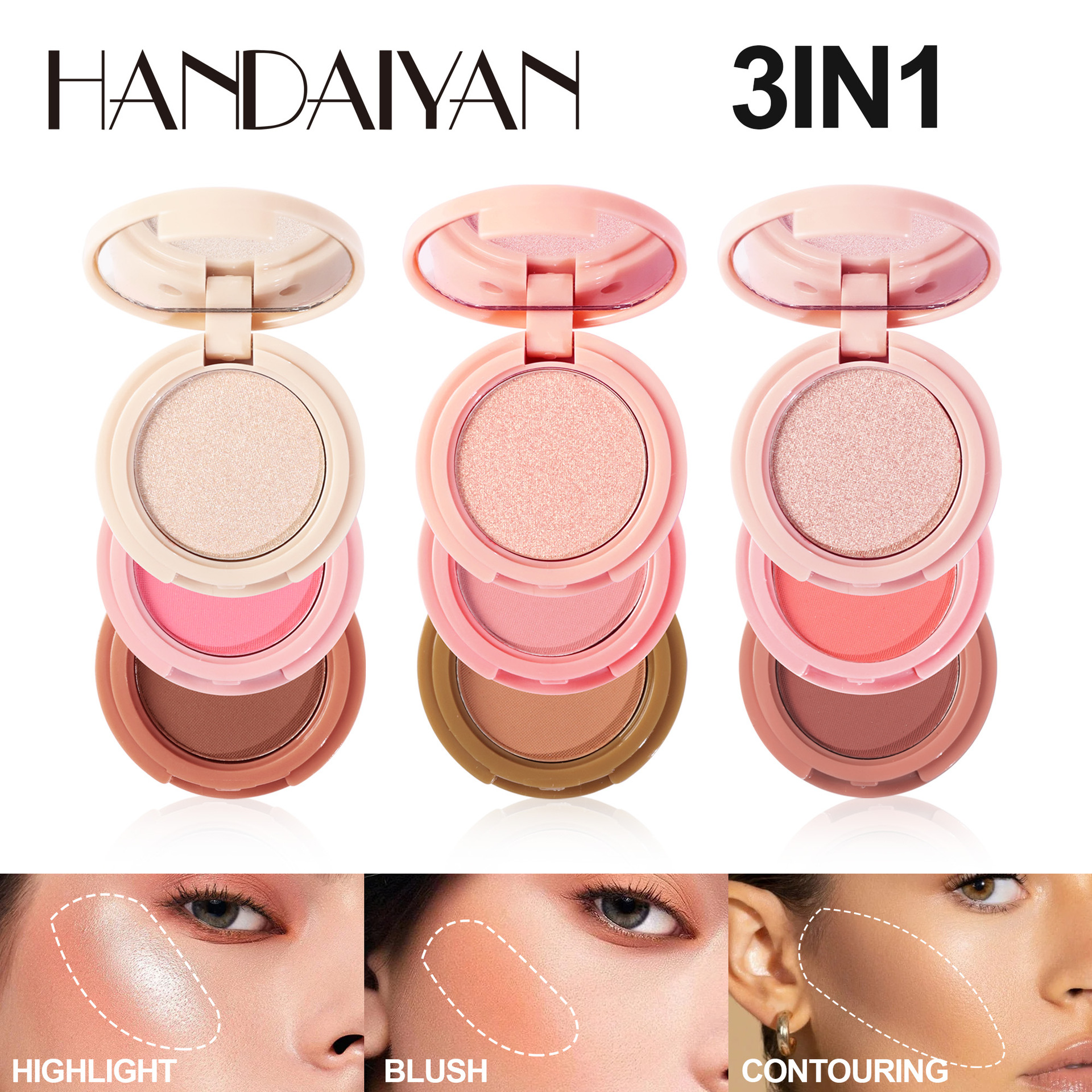Picture of HANDAIYAN (02) 3-In-1 Face Bronzer Highlighter Makeup Palette Matte Pearlescent Blush Contouring Shadow Brighten Three-layer All-in-one Palette