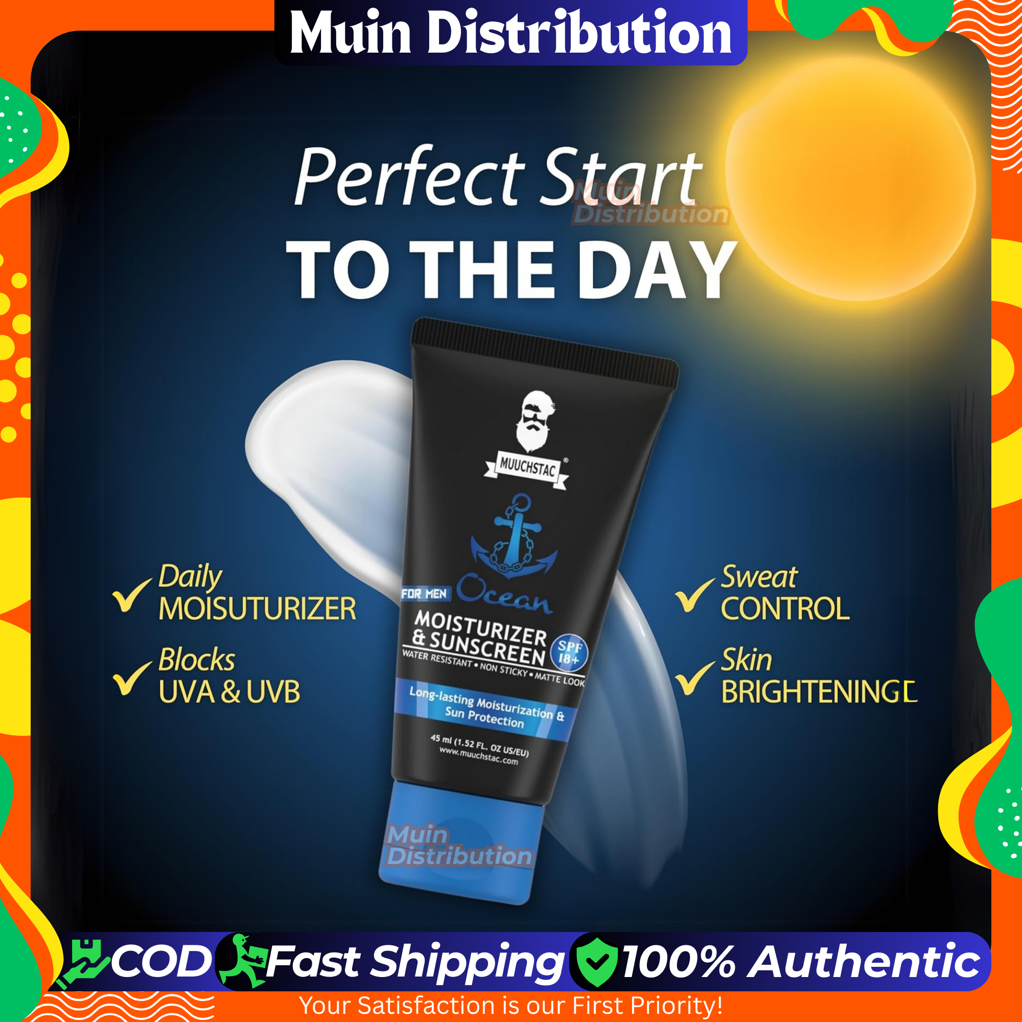 Picture of Muuchstac Mens Ocean Moisturizer & Sunscreen Matte Look Spf 18+ Cream With Turmeric & Aloe Vera Beads, Non-Sticky & Water Resistant 45ml