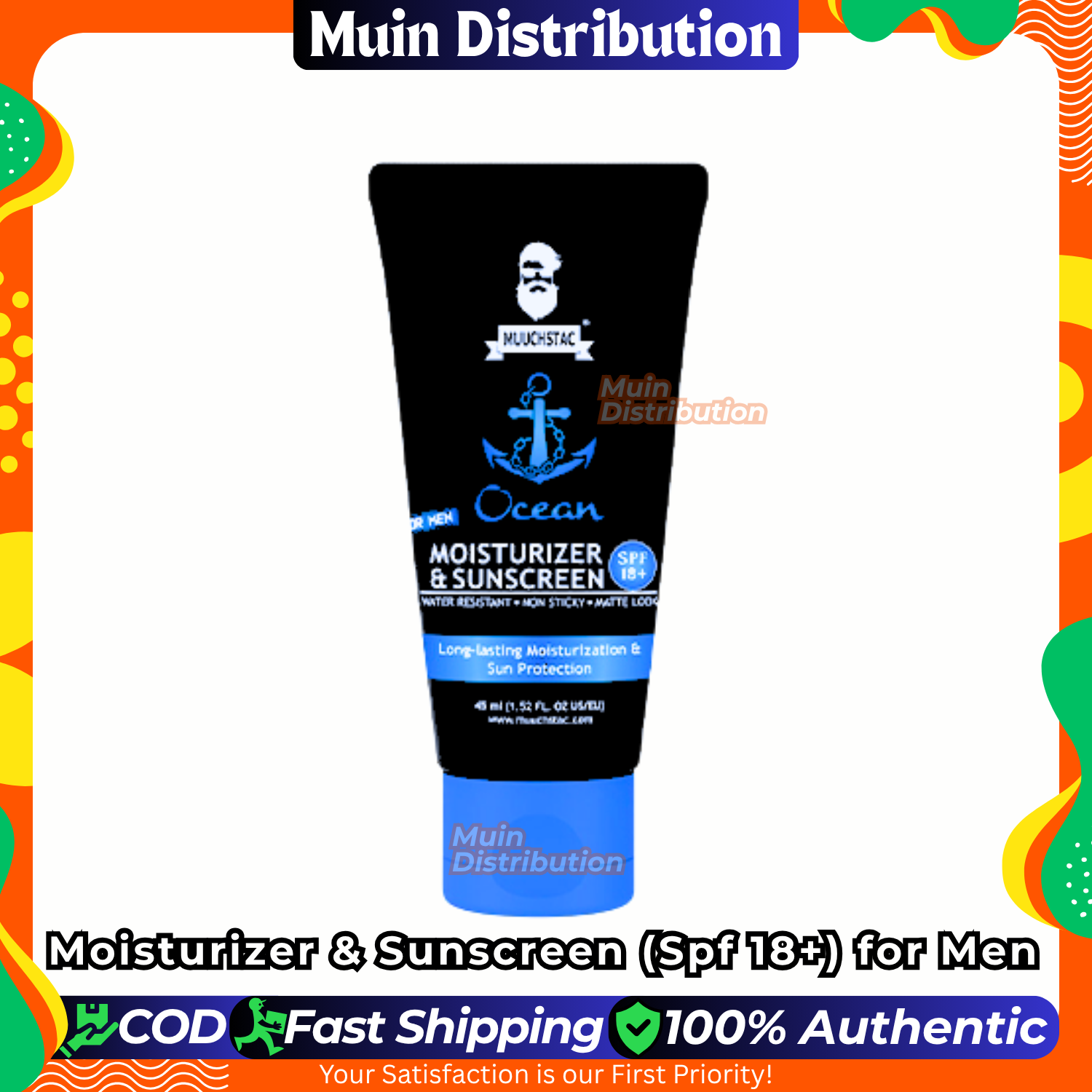Picture of Muuchstac Mens Ocean Moisturizer & Sunscreen Matte Look Spf 18+ Cream With Turmeric & Aloe Vera Beads, Non-Sticky & Water Resistant 45ml