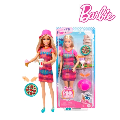 Picture of Barbie HWH97 Pink Passport Italy Doll Set With Clothes & Travel Accessories, Ages 3+