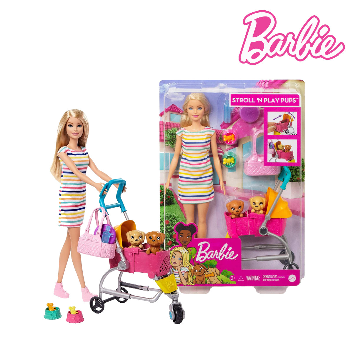 Picture of Barbie GHV92 Stroll n Play Pups Doll Playset