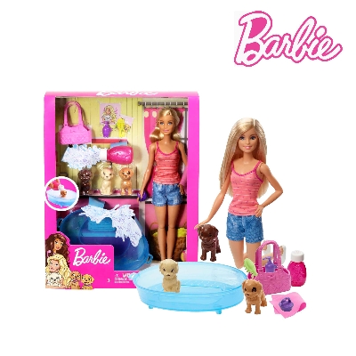 Picture of Barbie GDJ37 Dog Bath Play Set with Doll and Three Puppies and Accessories