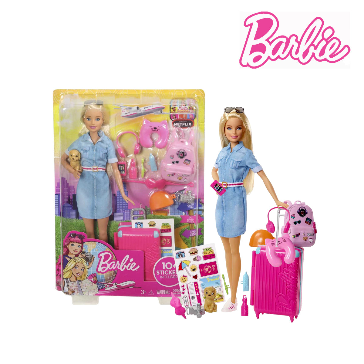 Picture of Barbie FWV25 Travel Doll, Blonde, with Puppy and Suitcase
