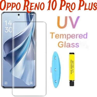 Picture of Oppo reno 10 reno 10 pro reno 10 pro plus (A+ GRADE) Premium UV Tempered Glass Screen Protector Curved with Liquid Glue and UV Light -Transparent Clear