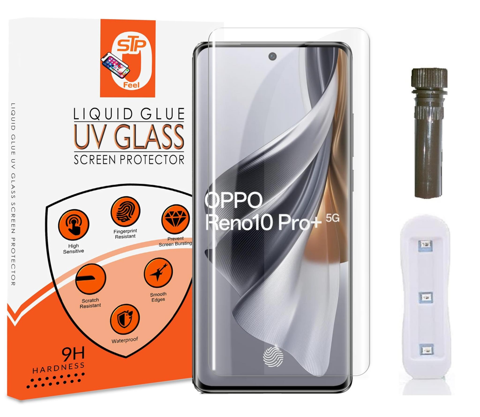 Picture of Oppo reno 10 reno 10 pro reno 10 pro plus (A+ GRADE) Premium UV Tempered Glass Screen Protector Curved with Liquid Glue and UV Light -Transparent Clear