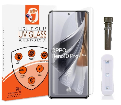 Picture of Oppo reno 10 reno 10 pro reno 10 pro plus (A+ GRADE) Premium UV Tempered Glass Screen Protector Curved with Liquid Glue and UV Light -Transparent Clear