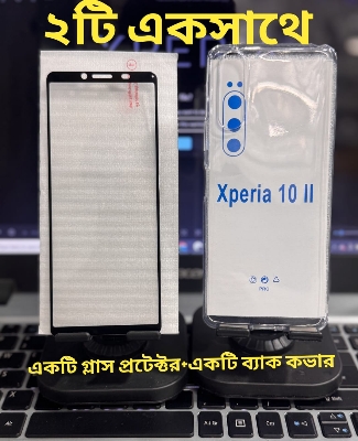 Picture of 2in 1 Combo Pack For Sony Xperia 10 Mark 2 II Front Smooth Quality Screen Glass Protector + Silicone Airbag Transparent Protective Clear TPU Back  Case