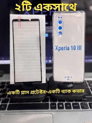 Picture of 2in 1 Combo Pack For Sony Xperia 10 Mark 3 III Front Smooth Quality Screen Glass Protector + Silicone Airbag Transparent Protective Clear TPU Back  Case