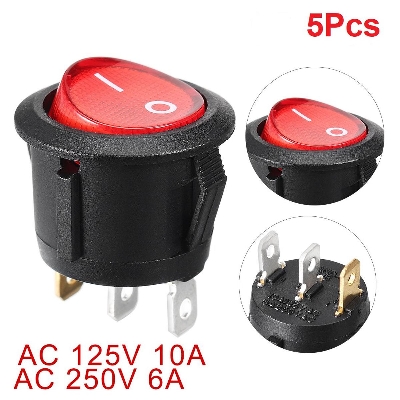 Picture of 2Pcs- ROUND BLACK Color 3 Pin KCD1 Rocker Switches AC 250V 6A 3Pin On Off Full Illuminated Neon RED Indicator SPST Power Switch For Auto Car Boat IPS UPS