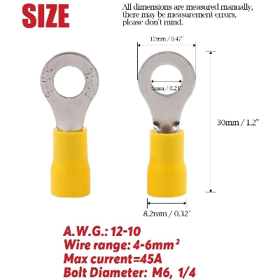 Picture of 10Pcs- YELLOW 12-10mm Insulated Ring Terminal 12-10mm AWG Crimp 5.5-6mm Hole Quick Disconnects Wire Terminal Connector Nylon Wiring Kit For Battery Cables Connections
