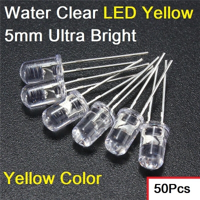Picture of 50Pcs- Transparent YELLOW 5mm Water Clear LED Yellow 5mm Ultra Bright Transparent Round 5mm LED Light Emitting Diode Water Clear Yellow Light Bulbs For Electronics Project