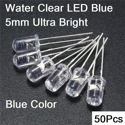 Picture of 50Pcs- Transparent BLUE 5mm Water Clear LED Blue 5mm Ultra Bright Transparent Round 5mm LED Light Emitting Diode Water Clear Blue Light Bulbs For Electronics Project