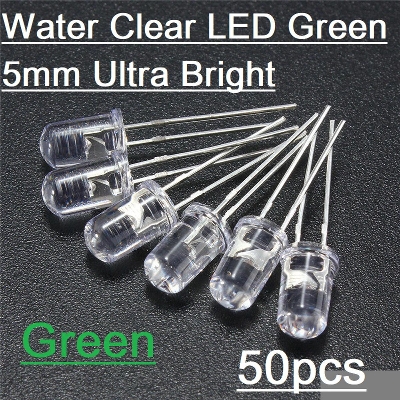 Picture of 50Pcs- Transparent GREEN 5mm Water Clear LED Green 5mm Ultra Bright Transparent Round 5mm LED Light Emitting Diode Water Clear Green Light Bulbs For Electronics Project