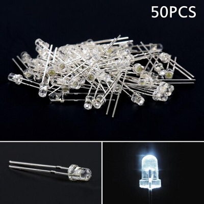 Picture of 50Pcs- 3mm Transparent WHITE 3mm Water Clear LED White 3mm Ultra Bright Transparent Round 5mm LED Light Emitting Diode Water Clear White Light Bulbs For Electronics Project