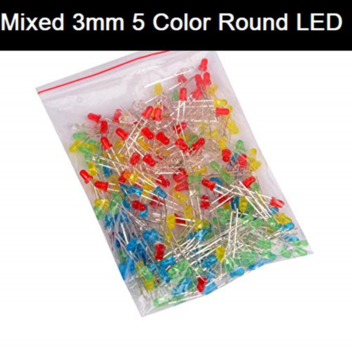 Picture of 100Pcs- 3mm COLORFUL LED Mixed 3mm 5 Color Round LED Light Emitting Diode Basic LED Green Red Yellow Blue White Light Bulbs For Electronics Project Indicator Front Panels Light DIY