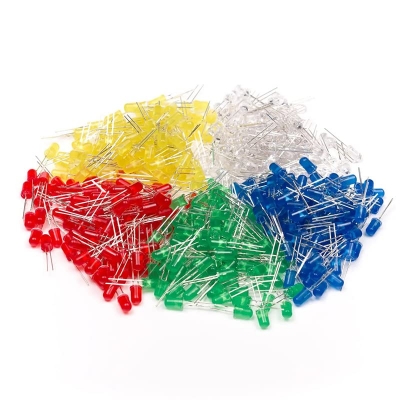 Picture of 100Pcs- 5mm Colorful LED Mixed 5mm 5 Color Round LED Light Emitting Diode Basic LED Green Red Yellow Blue White Light Bulbs For Electronics Project Indicator Front Panels Light DIY