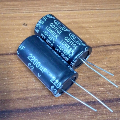 Picture of 2200uF 63V RADIAL Electrolytic Capacitor 2200uF 63V Radial Polarized Aluminum Electrolytic Capacitors 2 Pin Leads Connections Leg