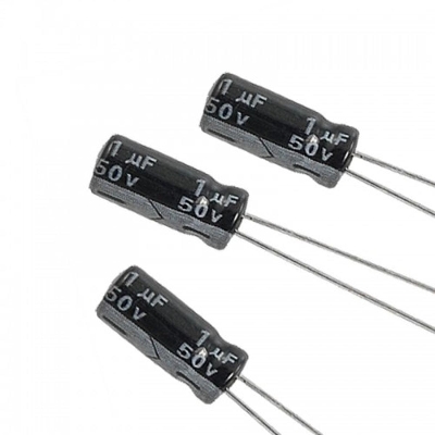 Picture of 25Pcs- 1uF 50V RADIAL Electrolytic Capacitor 1uF 50V Radial Polarized Aluminum Electrolytic Capacitors 2 Pin Leads Connections Leg