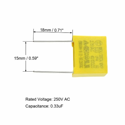 Picture of 3Pcs- YELLOW BOX TYPE 0.33uF 275VAC Electric Power Polypropylene Metal Film Box Capacitor Axial Film Molded 0.33uF 275VAC Capacitors 2 Pin Leads Terminals Connections Leg