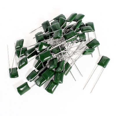 Picture of 10Pcs- MYLAR 100V 2A223J GREEN Color Mylar 2A223J 223j 100V Polyester Film Capacitor Metallized 22nF Polypropylene Capacitors 2 Pin Leads Terminals Connections Leg