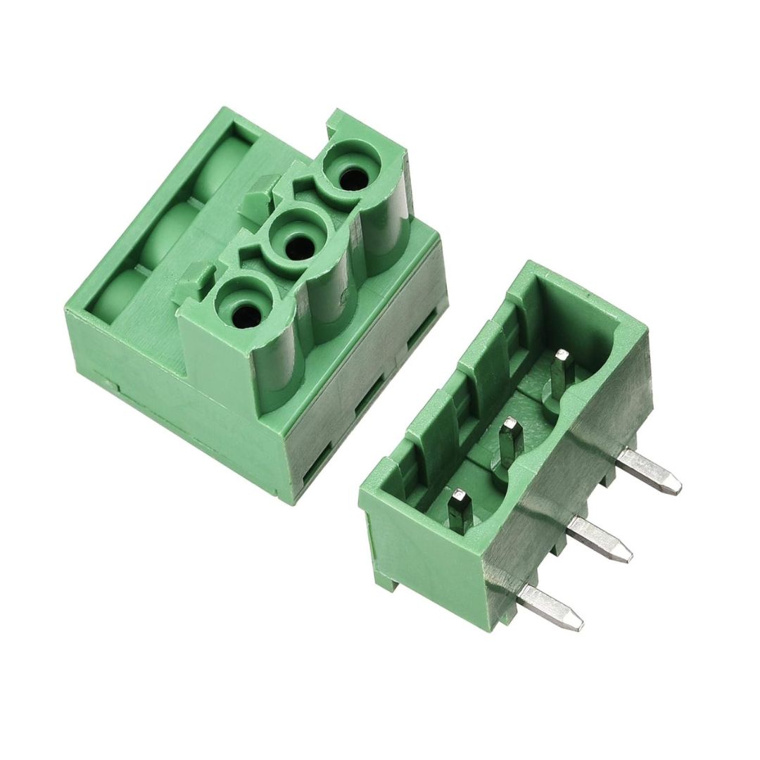 Picture of 2Pcs- 3Pin RIGHT Angle GREEN Color MALE & FEMALE Screws Terminal Block 3 Pin 5.08mm Pitch Male Female Plug-In L Type Plug & Socket  For Electronics Cables Connectors