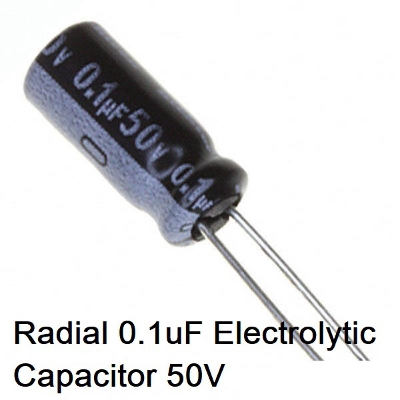 Picture of 25Pcs- 0.1uF 50V RADIAL Electrolytic Capacitor 0.1uF 50V Radial Polarized Aluminum Electrolytic Capacitors 2 Pin Leads Connections Leg