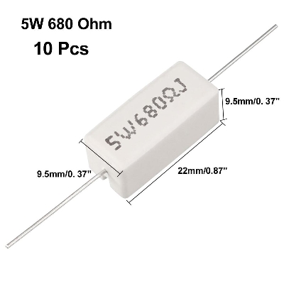 Picture of 5Pcs- 5Watt 680 Ohm WIREWOUND 5W 680 Ohm Ceramic Cement Power Wirewound Resistor 680 Ohm 5 Watt Wire Wound 2Pin Leads Fixed Cement Resistor 5% Tolerance