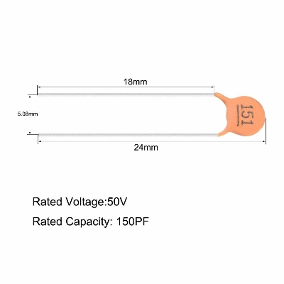 Picture of 25Pcs- 151 50V CERAMIC Capacitor Mini Ceramic Capacitor 150pF 50V 151 Ceramic Disc Capacitor Non-Polarized Through Hole 2 Pin Leads Connections Leg