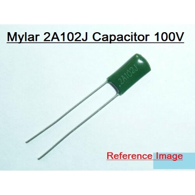Picture of 10Pcs- MYLAR 2A102J 100V GREEN Color Mylar 2A102J 102j 100V Polyester Film Capacitor Metallized 1nF Polypropylene Capacitors 2 Pin Leads Terminals Connections Leg