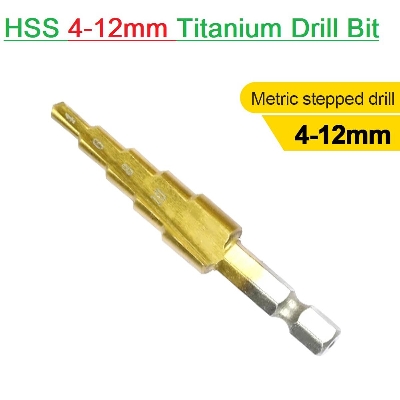 Picture of 4-12mm HSS Drill Bit Titanium Step Cone Drill Bit 1/4" Inch Hex Shank 4-12mm Drive Wood Drilling Power Tools Sets Straight Groove Wood Hole Cutter Core Drill Bit