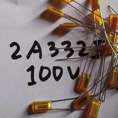 Picture of 10Pcs- MYLAR 2A332j 100V Mylar 2A332J 332j 100V Polyester Film Capacitor Metallized 3.3nF Polypropylene Capacitors 2 Pin Leads Terminals Leg