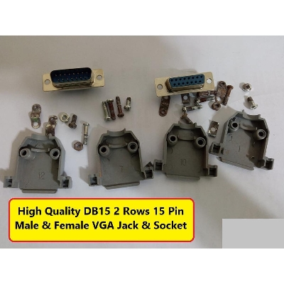 Picture of 1Pair- DB15 DB-15 2 Rows 15 Pin  MALE & FEMALE VGA Jack & Socket Plug Connector Plug Breakout Terminals Screw Type DIY Cables Connector With Plastic Back Shell Housing