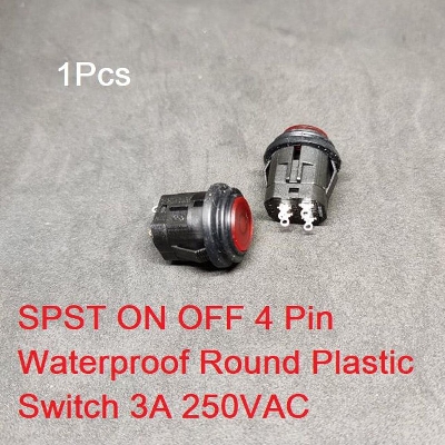 Picture of WATERPROOF SELF LOCK Round Plastic Switch 250V 3A 4Pin Self-Lock SPST On Off Mini Rocker Push Button Switches With Illuminated RED Indicator Lens