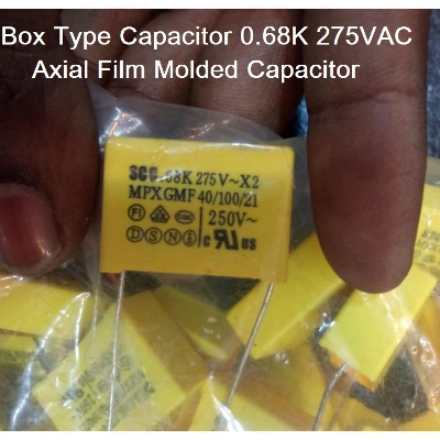 Picture of 3Pcs- YELLOW BOX TYPE 0.68K 275VAC Electric Power Polypropylene Metal Film Box Capacitor Axial Film Molded 0.68K 275VAC Capacitors 2 Pin Leads Connections Leg