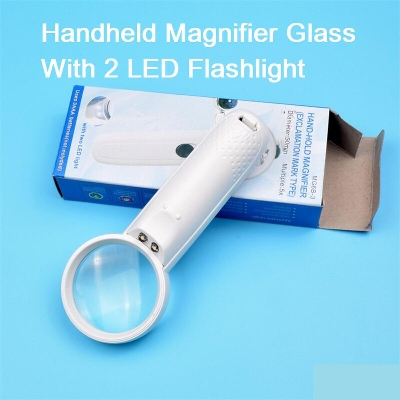Picture of 37mm Diameter Handheld Magnifier Glass With 2 LED Flashlight For Jewelry Repair Tools Sets Reading Magnifying Glass Exclamation Mark Type