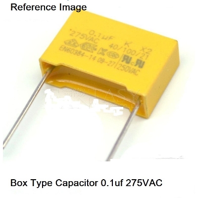 Picture of 5Pcs-YELLOW BOX TYPE 0.1uF 275VAC Electric Power Polypropylene Metal Film Box Capacitor Axial Film Molded 0.1uF 275VAC Capacitors 2 Pin Leads Connections Leg