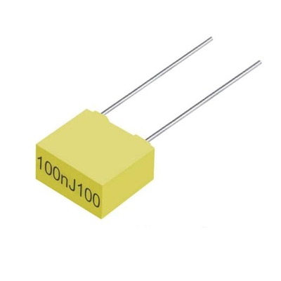 Picture of 10Pcs- YELLOW BOX TYPE 100nF 100VAC Electric Power Polypropylene Metal Film Box Capacitor Axial Film Molded 100nF 100VAC Capacitors 2 Pin Leads Connections Leg