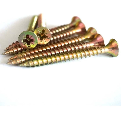 Picture of 10Pcs- Golden Color 50x6mm 2" Inch Zinc Plated Copper Coating Chipboard Screws Flat Head Self Tapping Drilling Wood Screws For Hardware Electronic Wood Construction Screws Tools