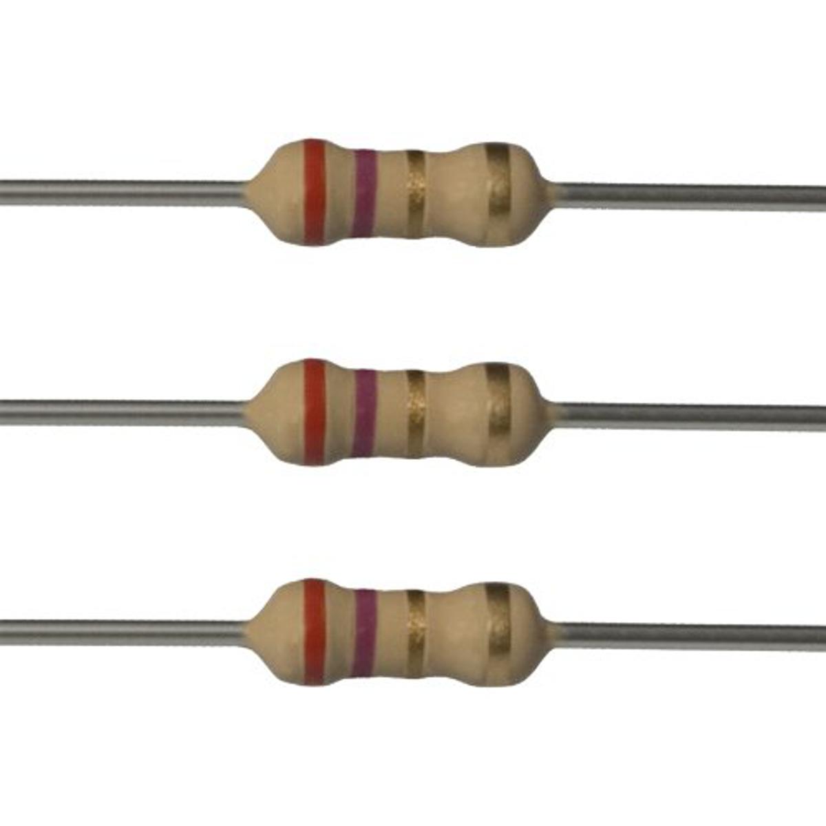 Picture of 50Pcs- 2.7 Ohm Resistor 5% 1/4W Carbon Film Resistor 2.7 Ohm Resistor 0.25 Watt 5% Tolerance Fixed Resistor 2.7 Ohm 2 Pin Leads