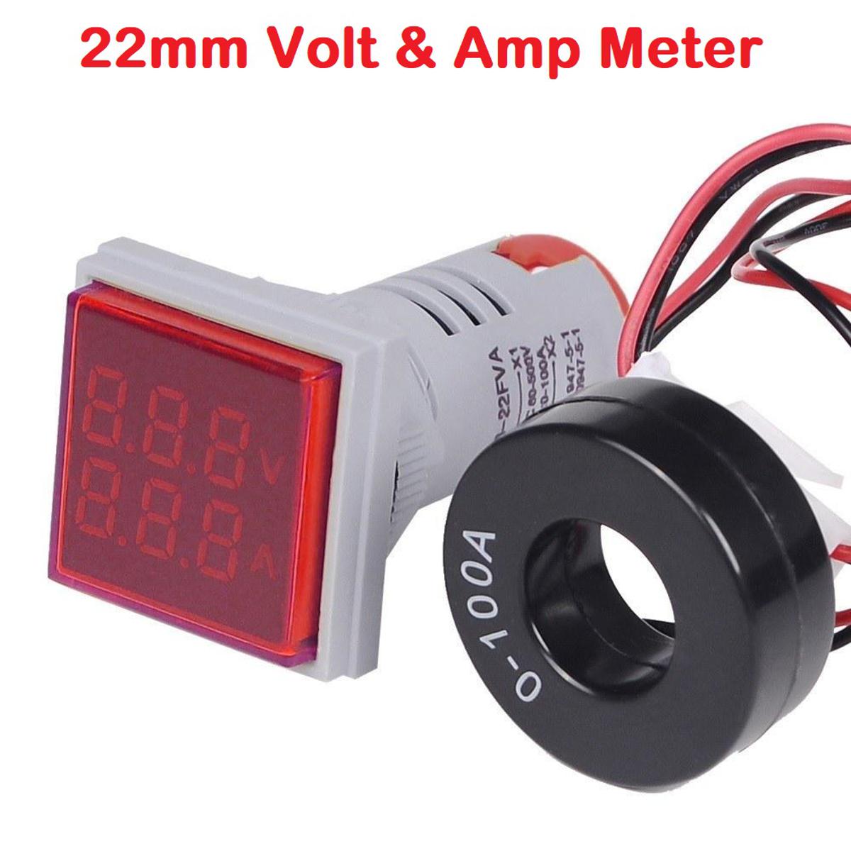 Picture of 2 In 1 VOLT AMP Meter AC 22mm SQUARE Panel Mount 2 in 1 AC 50-500V 0-100A LED Digital Display Voltage Current Meter Volt Ampere Meter With Indicator Light & CT Cables 