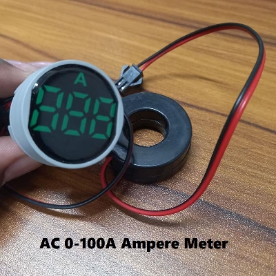 Picture of AMP Meter 22mm 100A Digital Ampere Meter Panel Mount 22mm Round Panel Ampere Meter AC 01-100A LED Digital Amp Meter Indicator Light With Current Transformer CT Cables