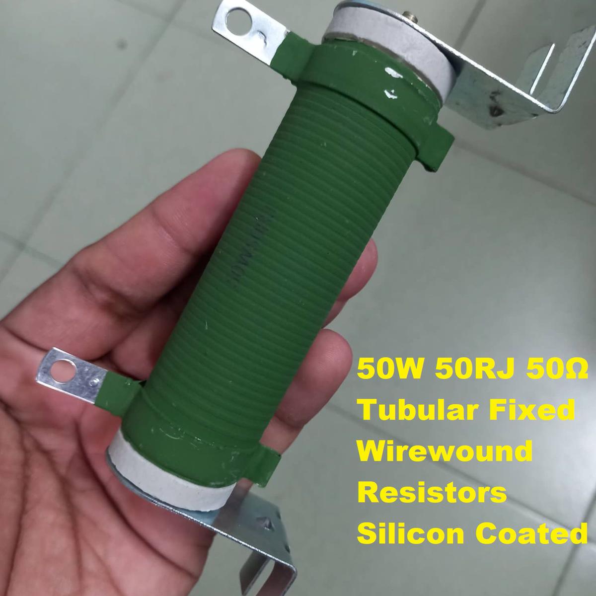 Picture of Tubular Wirewound Resistors 50 Ohm 50W 50RJ Silicon Coated Radial Resistor Ceramic Tube Wire Wound 50Watt Fixed Resistor 50 Ohm Resistor 2 Pin Leads 5% Tolerance