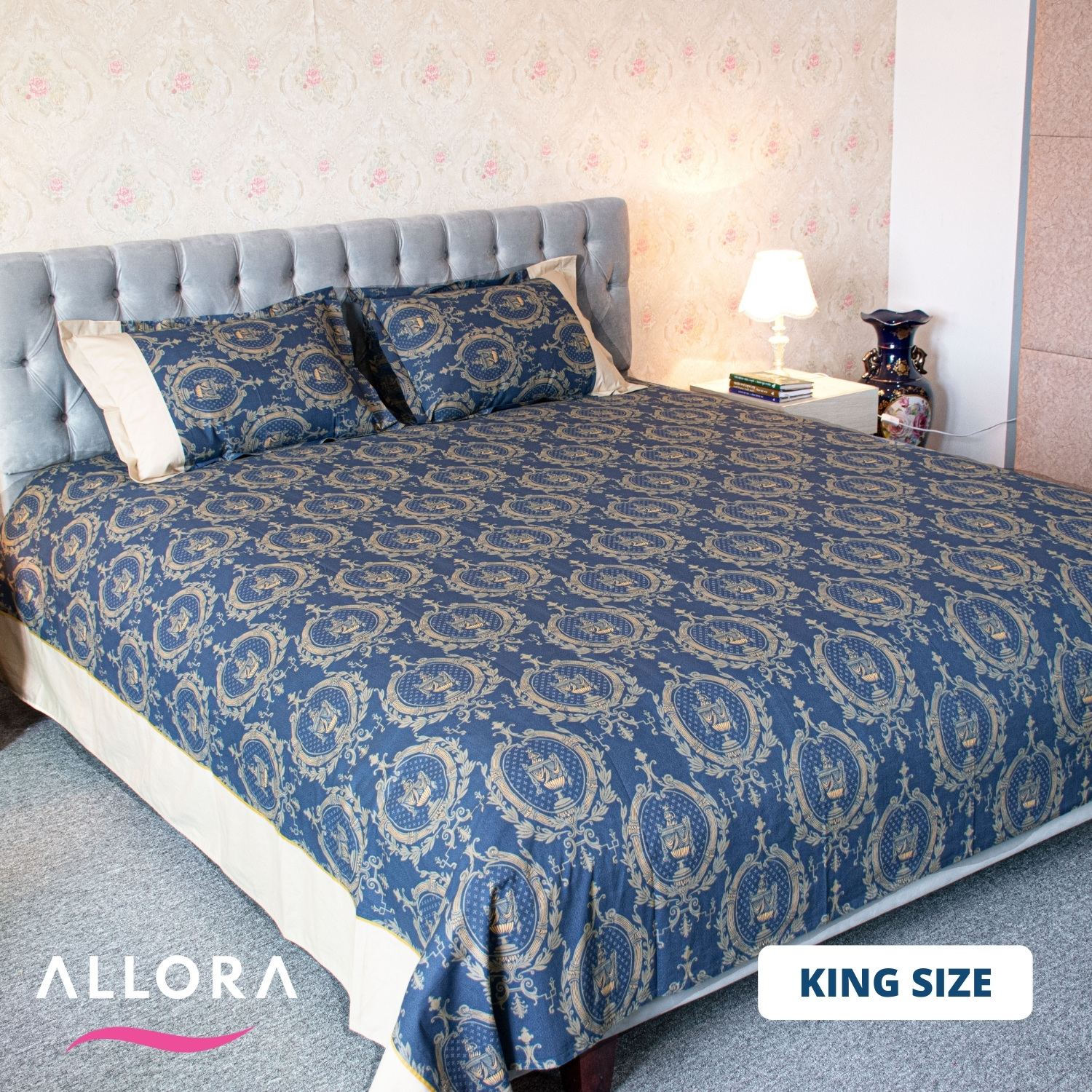 Navy Trophy Print Allora Bed Sheet ALLORA BDonline shop bangladeshothoba.com