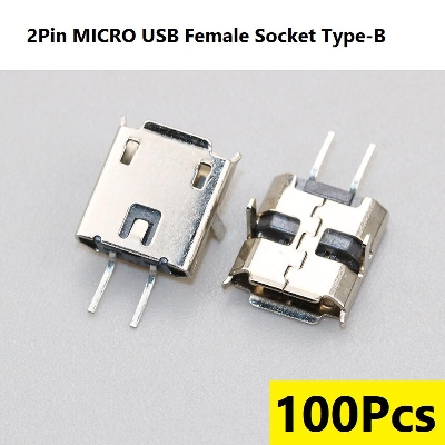 Picture of 100Pcs- 2Pin Micro Usb Female Socket Type-B 2 Pin Leads Female Dip Power Socket Connector Micro Usb Panel Mount Without Cables For Charging Socket Led Light Diy - Multi Plug