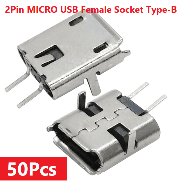Picture of 50Pcs- 2Pin MICRO USB Female Socket Type-B 2 Pin Leads Female DIP Power Socket Connector Micro USB Panel Mount Without Cables For Charging Socket LED Light DIY
