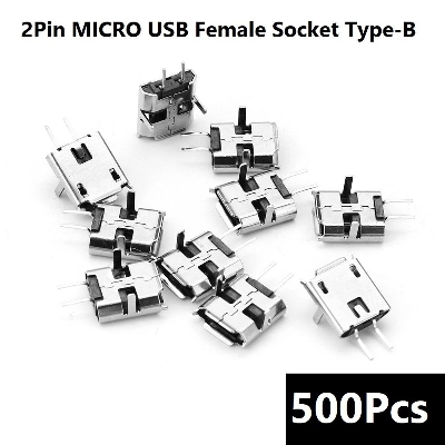 Picture of 500Pcs- 2Pin MICRO USB Female Socket Type-B 2 Pin Leads Female DIP Power Socket Connector Micro USB Panel Mount Without Cables For Charging Socket LED Light DIY