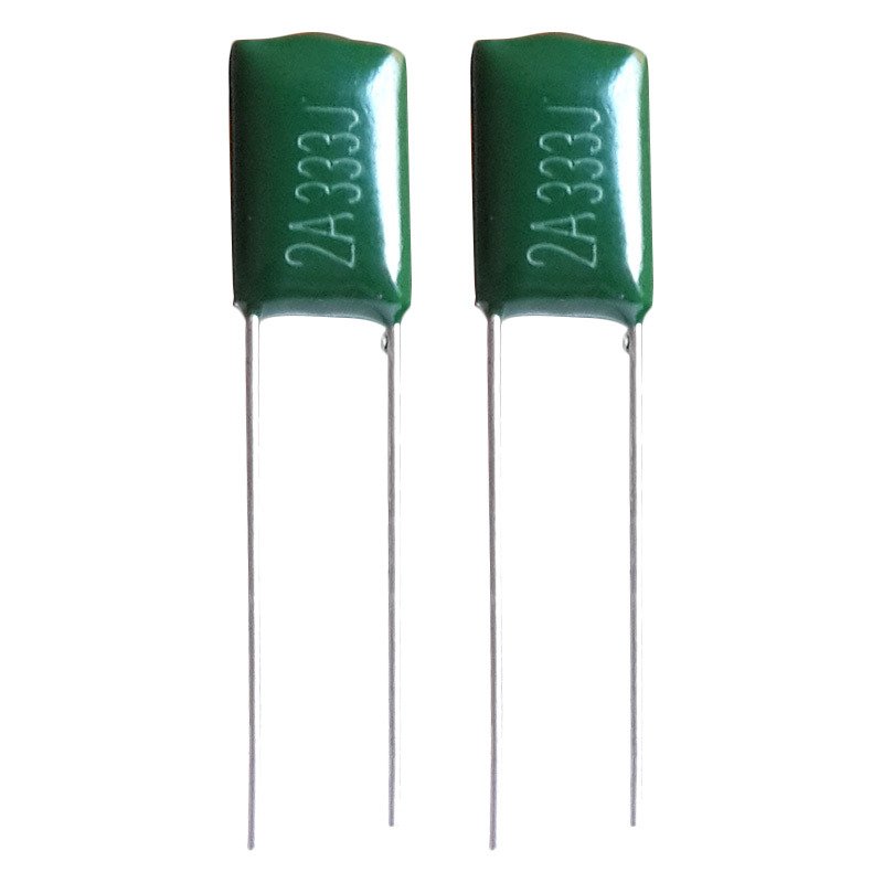 Picture of 10Pcs - MYLAR 2A333K 100V GREEN Color Mylar Polyester  Film Capacitor 33nF Polypropylene Capacitors 2 Pin Leads Terminals Connections Leg