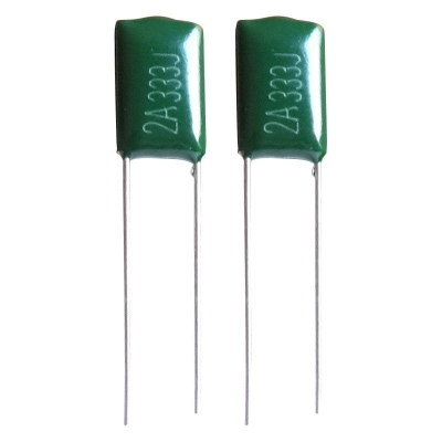 Picture of 10Pcs - MYLAR 2A333K 100V GREEN Color Mylar Polyester  Film Capacitor 33nF Polypropylene Capacitors 2 Pin Leads Terminals Connections Leg