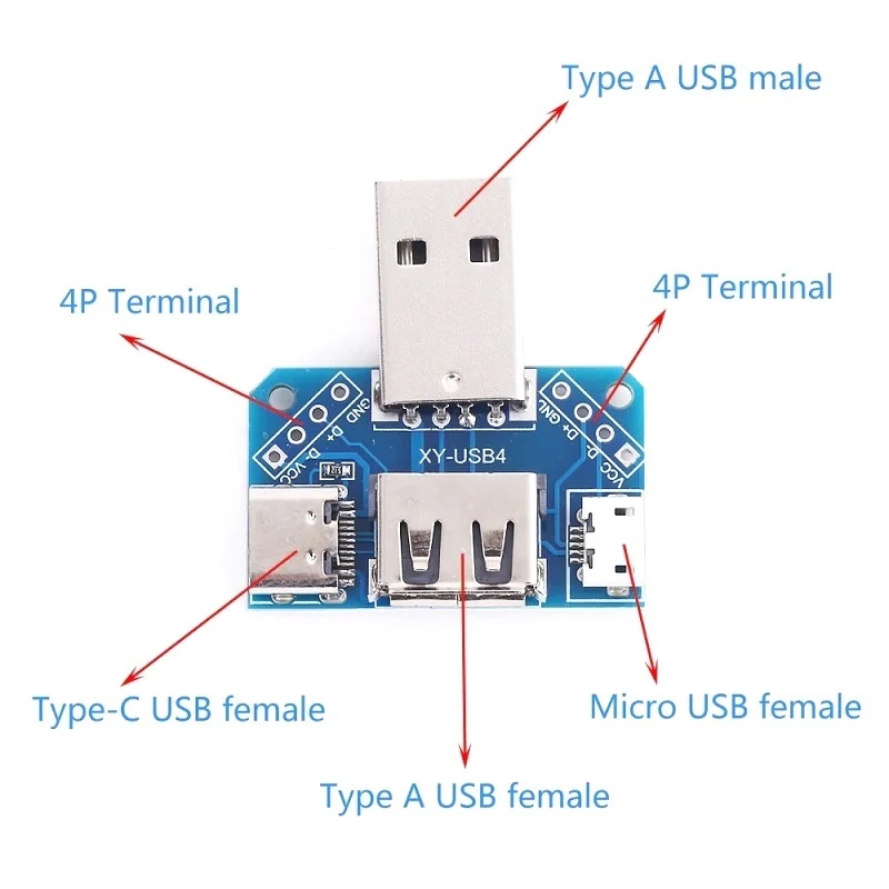 Picture of XY-USB4 USB Adapters Male To Female Micro Type-C 4P 2.54mm USB4 Module Converter 4 In 1 USB Adapters Board 5V USB Male To Female Distribution Board Head USB Male To Type C To Micro USB To 2.54mm 4P USB Converter Adapters